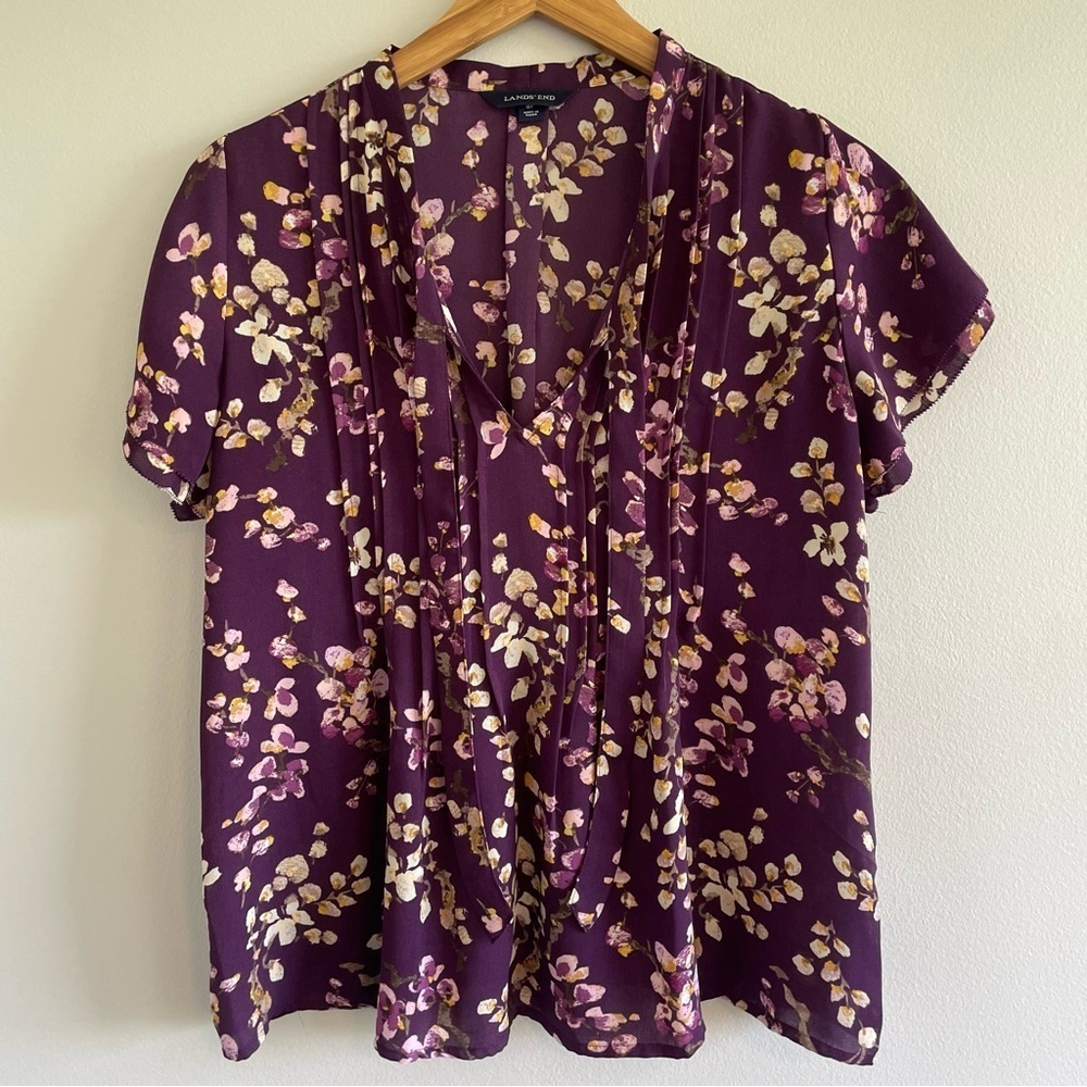 Lands' End Women's Floral Tie Neck Short Sleeve Blouse Purple Size 8P